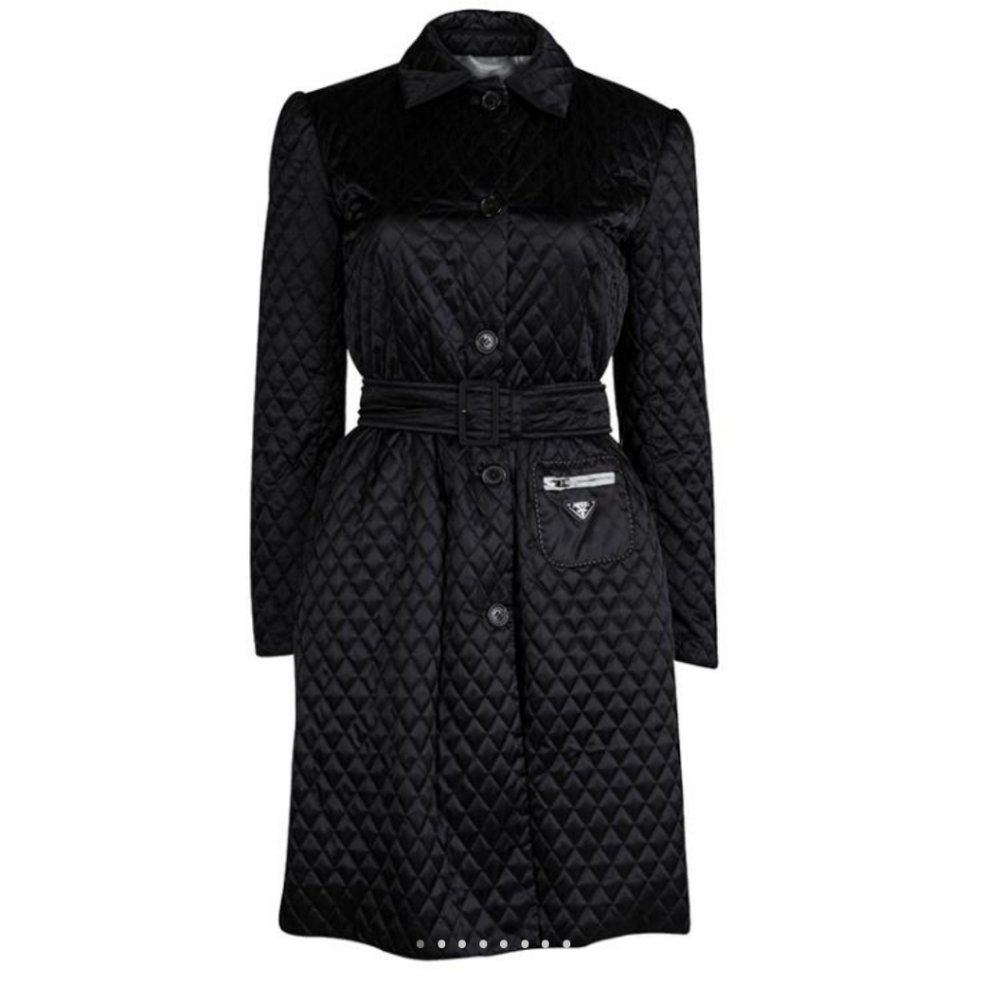 PRADA Black Diamond Quilted Trench Coat with triangle logo AUTHENTIC